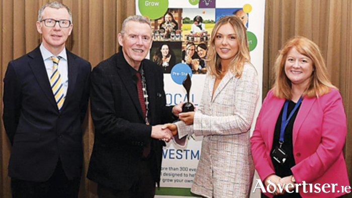 Georgia Queally of Athlone-based Bon Chocolatiers  Ltd, is pictured with, from left, Barry Kehoe, interim CEO, Westmeath County Council, Cathaoirleach of Westmeath County Council Cllr Liam McDaniel and Christine Charlton, Westmeath Local Enterprise Office.