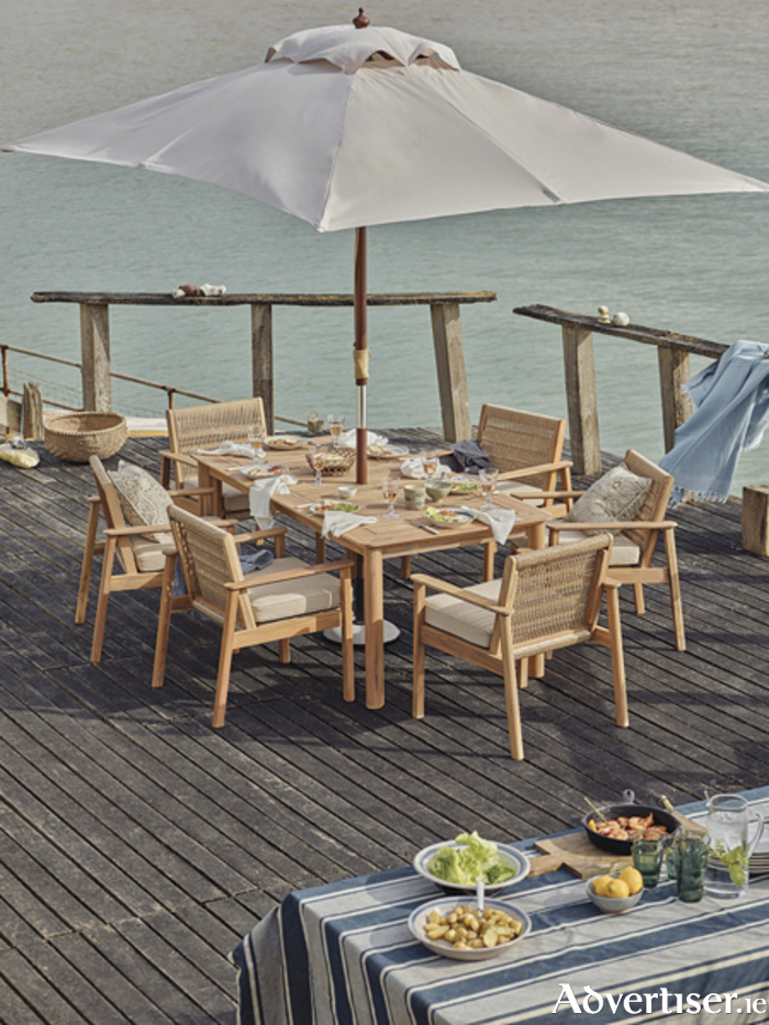 Neptune’s Kew dining set was designed with relaxed al fresco dining in mind. Its angled silhouettes and handwoven seats draw upon Mid Century design, while the use of solid teak ensures lasting durability. Each chair comes paired with textured weather-resistant cushions for comfort, too. Neptune’s Kew 6 Seater Dining Set with Kew Carver Chairs,  priced at €7,615. See Neptune.com for Irish stockists.