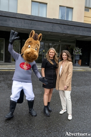 Galway Races mascot Gigi, Olivia Lynch Ward, Galway Races with Lorna Muldoon, Byrne Hotel Group Manager
 