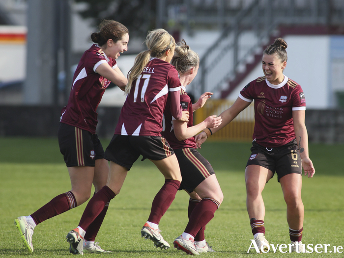 Galway United’s Julie-Ann Russell celebrates scoring against Bohemians with Jenna Slattery in the SSE Airtricity League of Ireland Women’s Premier Division clash. 
Photo: Mike Shaughnessy 