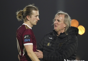 David Hurley of Galway United with assistant manager Ollie Horgan. United will face league-leaders Shelbourne on Friday without their supporters due to disciplinary issues.  