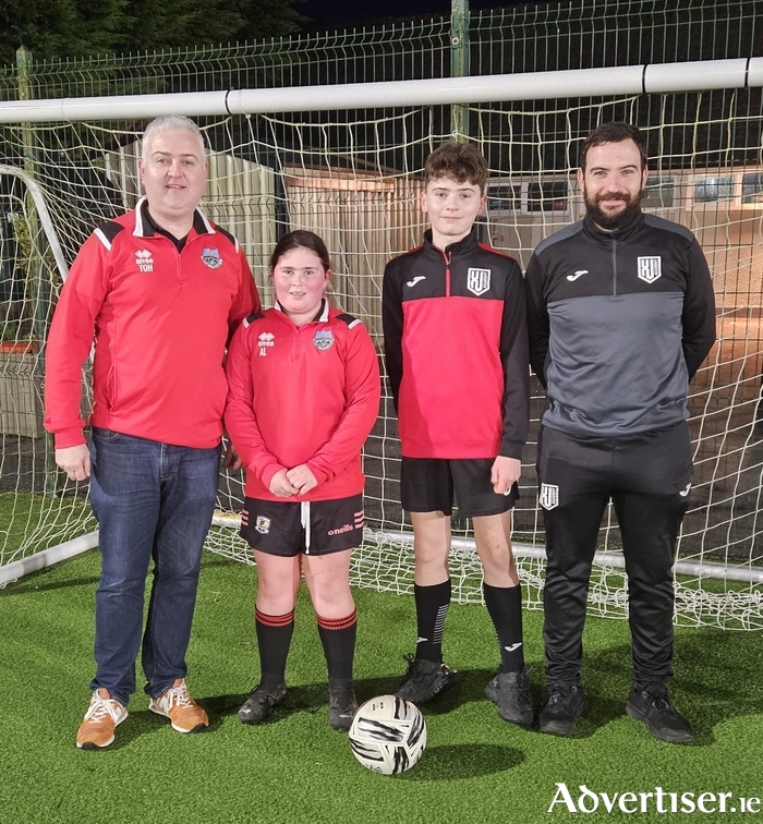 Pictured from left: Tony O’Halloran, Aoife Lily Conneely, and Harry O’Halloran of Cregmore Claregalway FC and Xavi Vazquez from XVAcademy at the fundraising drive launch.