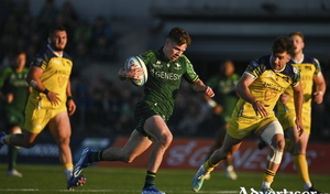 Matthew Devine of Connacht in action against Gonzalo Garcia of Zebre on his way to scoring a second try during the United Rugby Championship match between Connacht and Zebre Parma at Dexcom Stadium in Galway. Photo: Sam Barnes/Sportsfile.