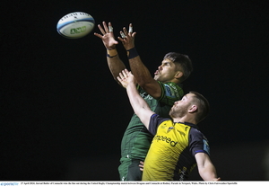 Jarrad Butler of Connacht wins a line-out during the URC match between Dragons and Connacht at Rodney Parade in Newport, Wales. 