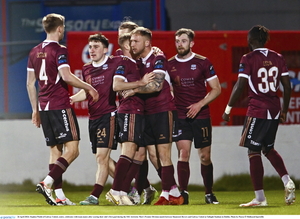 Stephen Walsh of Galway United, centre, celebrates with team-mates after scoring their side&#039;s first goal during the SSE Airtricity Men&#039;s Premier Division match between Shamrock Rovers and Galway United at Tallaght Stadium in Dublin. Photo by Piaras &Oacute; M&iacute;dheach/Sportsfile.