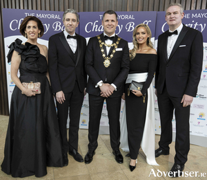 Minister Hildegarde Naughton,  An Taoiseach Simon Harris Mayor of Galway Cllr. Eddie Hoare, Pam Richardson Hoare and Senator Sean Kyne at the Mayoral Charity Ball hosted by Mayor of Galway Cllr. Eddie Hoare in The Galmont Hotel. Photo:Andrew Downes, Xposure   
  
