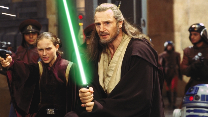 Jedi master Qui-Gon Jinn (Liam Neeson) with Princess Padmé (Natalie Portman) in The Phantom Menace.
