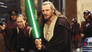 Jedi master Qui-Gon Jinn (Liam Neeson) with Princess Padm&eacute; (Natalie Portman) in The Phantom Menace.