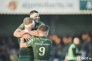 Connacht&rsquo;s Niall Murray is embraced by Shamus Hurley-Langton and Matthew Devine after scoring  against Zebre Parma last month. (Photo: Mike Shaughnessy) 