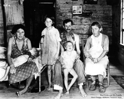 Hard times: Bud Fields and his family, Hale County, Alabama, summer 1936, part of the exhibition of photographs taken by Walker Evens, upstairs at the Aula Maxima, NUI,Galway.