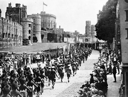 A proud good-bye: The arrival of the Colours of the Irish regiments at Windsor Castle, June 12 1922.