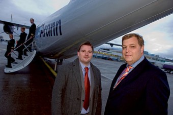 Mr Fergal Barry, Aer Arann Commercial Director and Mr Robert Grealis, Chief Executive, Ireland West Airport Knock at Ireland West Airport Knock yesterday for the re-launch of the Ireland West Airport Knock to Dublin Aer Arann route. Photograph : Keith Heneghan / Phocus.