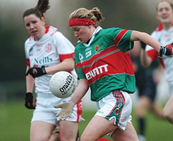 Breaking through: Carnacon’s Fiona McHale in action in last year’s All Ireland club final against Inch Rovers. McHale will be a key player this weekend for Carnacon in this year’s final. Photo: Sportsfile