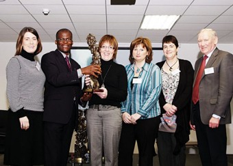 Maeve Ryan, Rotimi Adebari (Mayor of Portlaoise), Linda O’Brien, Mary Whittle, Emily Watchorn and Laurence Kavanagh (CEO) from Co Carlow VEC accepting the award for Partnership in Action at the National Partnership Forum annual conference in Thomond Park, Limerick, on December 2.