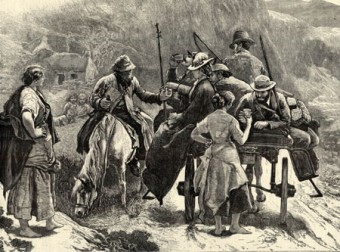 This very fine woodcut was published in the Illustrated London News sometime in the 1880s. It is a romantic view of a kindly Irish peasant giving a  glass of ‘anti Parliament whiskey alias potsheen’ to English angling  tourists on a side car,  somewhere in the mountains of Connemara. It is an attractive scene. A woman watches while another woman hands over a glass of poitín. There are children watching, with small cabin homes in the background. 
The Illustrated London News was founded by a printer Herbert Ingram, and was published weekly from 1842, and latterly monthly until 1971.
In the 19th century its illustrations were by woodcuts, which were beautifully crafted by a variety of artists. The ILN was kinder to the Irish peasant and our political leaders than Punch which often drew the Irish as a Darwinian sub human.  Sir Walter Scott had made the highlands of Scotland romantic and popular, and the ILN tended to project that romanticism on to its Irish illustrations. Nevertheless, they are worth collecting, and if you ever come across some for sale in antique shops snap up the Irish pictures.