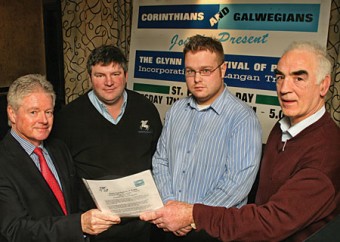 Adrian Glynn, Brendan Duffy of Corinthians RFC, Rory Langan and Mick Casserley of Galwegians at the launch of the Glynn Cup Festival of Rugby on Monday at the Hotel Meyrick. 
Photo:-Mike Shaughnessy