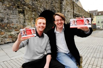 Niall Mc Nelis and Derek Nolan pictured with membership leaflets for the Labour party. Each candidate is to distribute 5,000 membership applications in the next few weeks.  Photo: Andrew Downes