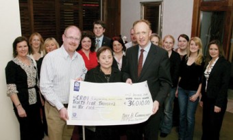 Mary Cunningham and Mark Keane, present a cheque to Neil Johnson, CEO, Croí for €34,010 which is the proceeds from the annual Gala Christmas Cabaret, held in aid of Croí at the Radisson SAS Hotel. Also in photo are committee members from left: Colette Keaveney, Edel Lambe, Croí, Patty Wheelar, Rita Tansey, James Dilleen, Radisson SAS Hotel, Marian Beatty, Martin McDonnell, Catherine McCurry, Marie Hennelly, Eilish Deffew, Sonia Carey, and Bernice Devery.