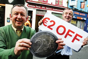 Pictured right are Galway Taxis’ Ted Murphy and Michael Donoghue launching the company's €2 off fares promotion. 

Photo: Mike Shaughnessy.