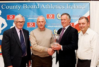 Mayo Athletics Hall of Fame 2008.  Sean Langan, Westport (Hall of Fame Winner 2007) presenting the 2008 Hall of Fame Award to Sean Reilly, Hollymount.  Included in picture are:  Paddy Kelly, Chairperson Mayo Athletic Co. Board and Brendan Chambers, C & C Cellular/ Vodafone sponsors. Photo: Michael Donnelly