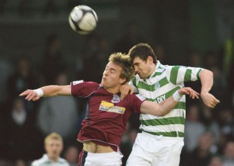 Pictured right: Vinny Faherty of Galway United and Sean Webb of Shamrock Rovers clash in the League of Ireland game on Friday night at Terryland Park. 
Photo:-Mike Shaughnessy