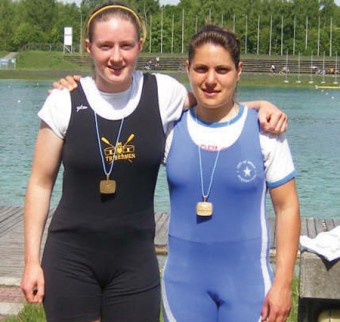Lisa Dilleen of the Tribesmen and  Laura D'Urso of City of Derry celebrate winning  the women's junior double scull in Munich. Dilleen crowned a successful weekend by also winning the single scull.