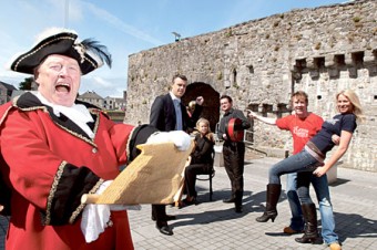 Town Crier Liam Silke officially launches Galways newest area, ‘ The Latin Quarter’ on the Spanish Arch on Monday morning. Pictured joining in the fun are, Ronnie Greaney, chairman of the committee, Lindsay Moynagh and Diarmuid Hurley from Music at the Crossroads, the inimitable Hector O'hEochagain and Hannah Healy Photo: Reg Gordon.