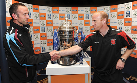 Damien O'Rourke, left, Mervue United, with Thomas Heary, Dundalk, after both teams were drawn against each other at the FAI Ford Cup third round draw at the Burlington Hotel, Ballsbridge, Dublin. 