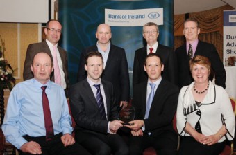 Damian Young, head of small business, Bank of Ireland; Sean Gallagher, Dragons' Den (and guest speaker at the event); Donal Flynn, regional manager - west, Bank of Ireland; and Joe Greaney, director, WESTBIC. Front row (L-R): John Ruane (father of winners); Jason Ruane, Eventovate Limited; Jonathan Ruane, managing director, Eventovate Limited; and Bernadette Ruane (mother of winners).