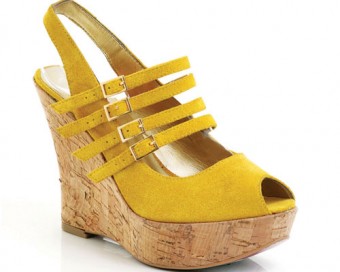 Yellow suede multi-strap wedge by Faith.
