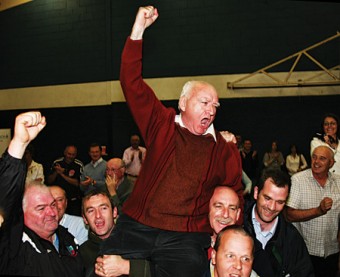 Independent councillor Declan McDonnell is feted after he held onto his seat. Photo: Mike Shaughnessy


