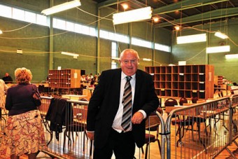 Cllr Fahy at the count centre on Sunday. Photo: Joe Travers