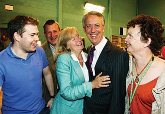 Liam O'Carroll celebrates with his wife Alison and election team members Enda Howley, Pat Flaherty and Ger Costello after he was elected on a recount.
