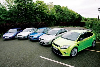 Celebrating ten years of the Ford Focus in Ireland - (l to r) Focus '99, Focus '04, Focus '06, Focus Style Special Edition '09, and last but not least, the stunning new Focus RS '09, which goes on sale later this month.