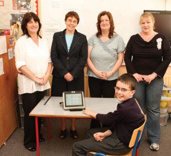 Pictured in Scoil Mhuire and Treasa autism unit are Kate Gleeson, SNA; Kathleen Kearney, assistant manager, AIB Swinford; Caroline Burns, teacher; Sally McLoughlin SNA; and Aaron Costello. Photo: Michael Donnelly. 