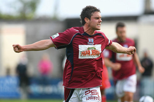  Galway United's John Russell celebrates after scoring a goal against Sligo Rovers in  the League of Ireland game at Terryland Park on Friday evening. 
	Photo:-Mike Shaughnessy