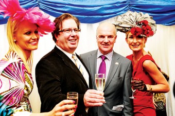 RTE Presenter Gerry Ryan and Anthony Ryan, the Best Dressed Lady sponsors, pictured with Best Dressed Winner Mary Therese Mc Donnell 
and Best Hat Winner Sinead Purcell.