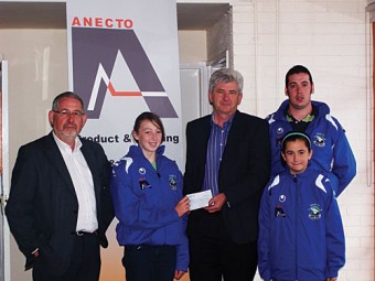 Frank Cashman, CEO Anecto, presents Lisa Casserly with sponsorship for Colga Girls u-14 Umbro Cup final to be played in Terryland Park on Sunday at 3pm. Also pictured are Liam Maher of sponsors Anecto, u-14 player Alana Moran, and coach David Morrissey.