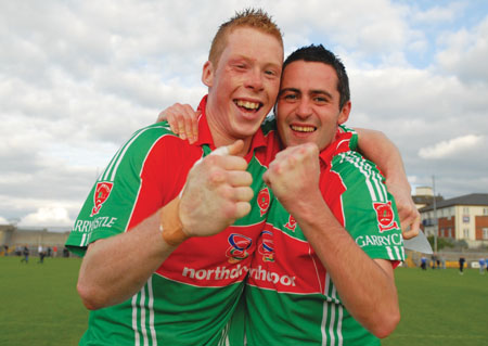 Garrycastle duo Aidan Browne and James Duignan show their delight after the final whistle of last Sunday's County Final. Photo: John O'Brien
