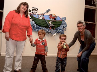 Pictured at the official opening of The Owl and the Pussycat to launch RoolaBoola by artists Cathy Hack and Gráinne O’Reilly in the Linenhall Arts Centre; Castlebar, from left: Maura Connolly, administrator, Linenhall Arts Centre and her nephew Peter Northime, (Belfast); Con Naughton and Orla Henihan, arts access officer Linenhall Arts Centre. Photo: Michael Donnelly.
