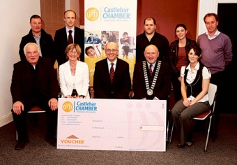 Pictured at the launch of the Castlebar Chamber of Commerce gift voucher scheme were front L-R:Oliver Kelleher, Gifts Supreme; Margaret Linnane, Castlebar Chamber of Commerce; Peter Glynn, President, Castlebar Chamber of Commerce; Cllr Michael Kilcoyne, Mayor of Castlebar, who performed the launch; Stephanie Colambani, Castlebar Chamber of Commerce. Back: Michael McDonnell, Bosh; Paul Egan, Egan’s Jewellers; Padraic Flynn, Bar One; Sinead Kelleher, Gifts Supreme; Colm Hynes, Hynes Shoes. Photo: Michael Donnelly.
