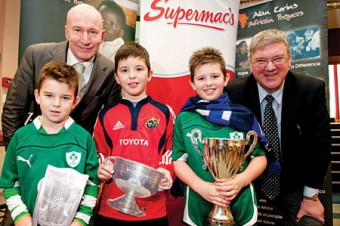 Alan Kerins Foundation's Liam Bluett and Supermac’s Pat McDonogh pictured with Tomó, Paddy, and Mikey Culhane at the photocall to announce  the Stars and Cups event due to be held in Supermac’s Eyre Square on January 2. Sporting cups including the Sam Maguire, Six Nations Cup, Liam McCarthy, Irish Press Cup, and the Triple Crown Trophy will be in Supermac’s on the day, with representatives from the various teams there to meet fans and give them a chance to hold these prestigious trophies. Photo: Reg Gordon