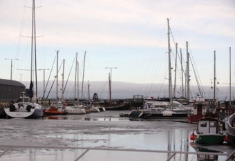 The scene at Galway Docks yesterday where the water had frozen over. A far cry from the temperatures of the Volvo Ocean Race fortnight. Pic: Hany Marzouk