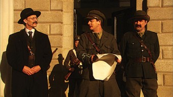 Actor Rory Mullen as Tom Clarke, Tadhg Murphy as Patrick Pearse, and Lorcan Cranitch as James Connolly in Abu Media’s Seachtar na Casca.