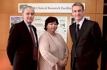 Pat Commins, Acting General Manager Galway University Hospitals, Health Minister Mary Harney, and NUI Galway's Professor Larry Egan, Interim Director of the Health Research Board (HRB) Clinical Research Facility, at the announcement regarding the new funding.
