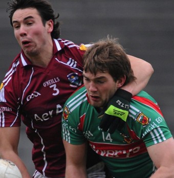 Man and ball: Aidan O'Shea and Finian Hanley compete for the ball in Sunday's FBD league final. Photo: Sportsfile