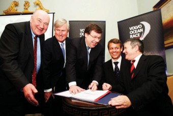 The Taoiseach, Brian Cowen TD, along with representatives from the Volvo Ocean Race, Failte Ireland, and Let's Do It Galway, yesterday welcomed the announcement that Galway has been selected as the finishing port for the 2011-12 Volvo Ocean race. Pictured were John Killeen, president, Lets Do It Global, Redmond O'Donoghue, chairperson, Failte Ireland, An Taoiseach, Brian Cowen, TD, Knut Frostad, CEO, Volvo Ocean Race, and Enda O'Coineen, chairman, Let’s Do It Global. 	Picture Jason Clarke Photography
