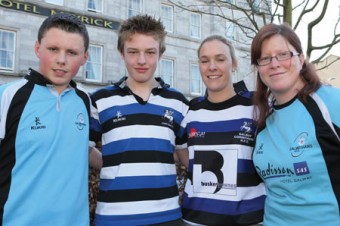 Aaron Byrne, Galwegians RFC, Keelan Ward, Corinthians RFC, Alma Whelan, Corinthians RFC, and Ruth O'Reilly, Galwegians, prepare for the Glynn Cup Festival of Rugby  which takes place at Crowley Park on St Patrick's Day.
