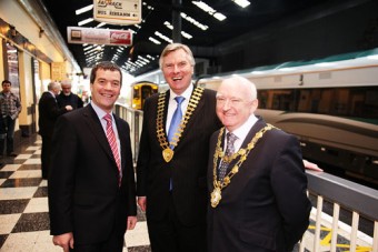 Minister of Transport Noel Dempsey with Paul Shelly, Galway Chamber of Commerce president, and the Mayor of Galway Declan McDonnell at the opening of the long-awaited Western Corridor rail route from Galway to Limerick this week.