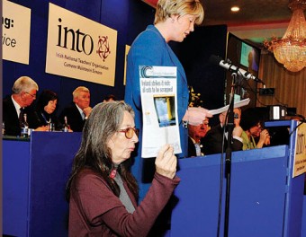 Shell to Sea campaigner Maura Harrington protesting during Minister for Education Mary Coughlan's address to the 142nd INTO Annual Congress in Galway City on Tuesday.  Picture: Philip Cloherty.
